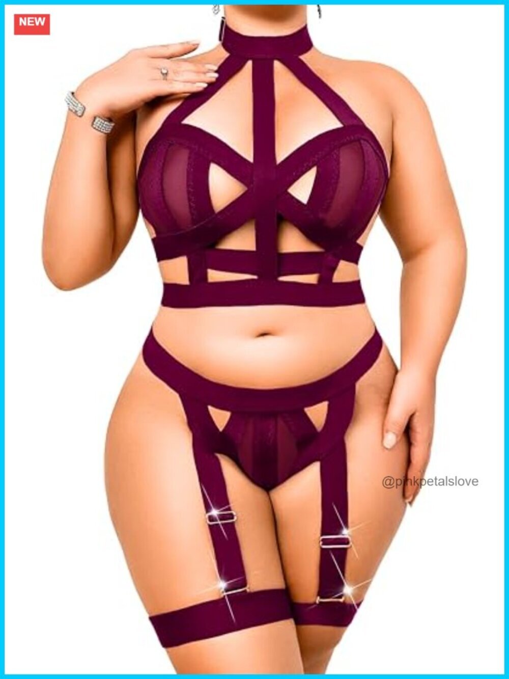 Plus Size Strappy Lingerie 3 Piece Set Halter Backless Thong Garter